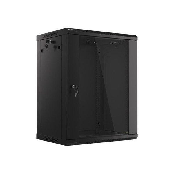 Lanberg WF01-6415-10B 19" 15U SZÉL:600mm MÉLY:450mm MAG:774mm lapraszerelt üvegajtós fekete fali rack szekrény