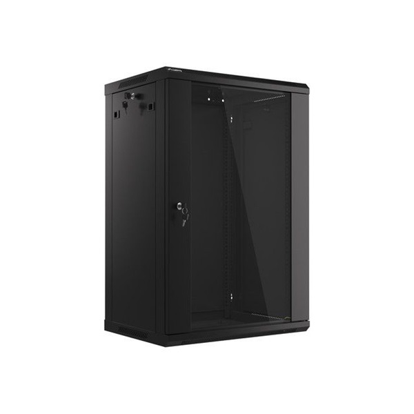 Lanberg WF01-6418-10B 19" 18U SZÉL:600mm MÉLY:450mm MAG:907mm lapraszerelt üvegajtós fekete fali rack szekrény