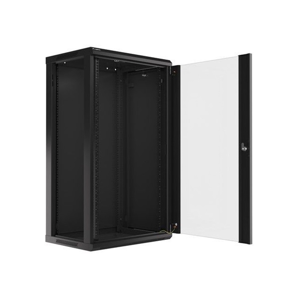 Lanberg WF01-6422-10B 19" 22U SZÉL:600mm MÉLY:450mm MAG:1085mm lapraszerelt üvegajtós fekete fali rack szekrény