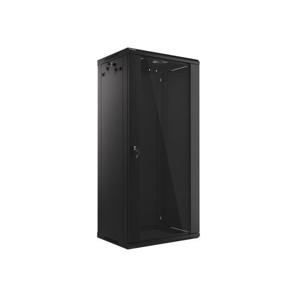Lanberg WF01-6427-10B 19" 27U SZÉL:600mm MÉLY:450mm MAG:1307mm lapraszerelt üvegajtós fekete fali rack szekrény