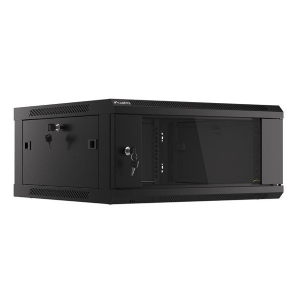 Lanberg WF01-6604-10B 19" 4U SZÉL:600mm MÉLY:600mm MAG:290mm lapraszerelt üvegajtós fekete fali rack szekrény