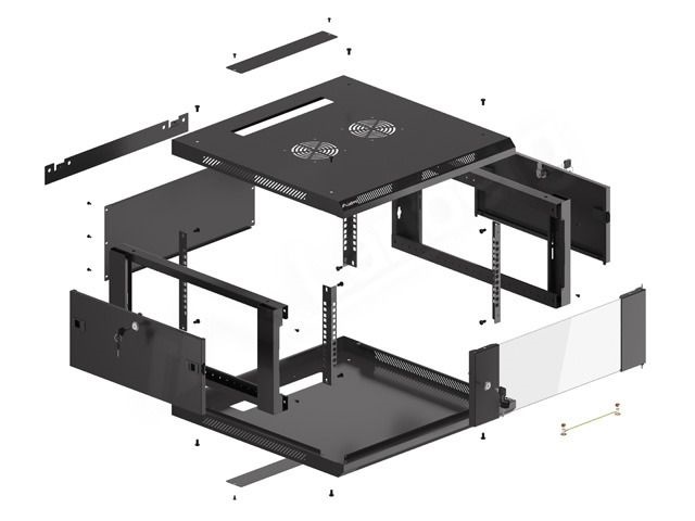 Lanberg WF01-6604-10B 19" 4U SZÉL:600mm MÉLY:600mm MAG:290mm lapraszerelt üvegajtós fekete fali rack szekrény