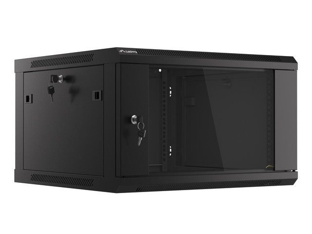 Lanberg WF01-6606-10B 19" 6U SZÉL:600mm MÉLY:600mm MAG:379mm lapraszerelt üvegajtós fekete fali rack szekrény