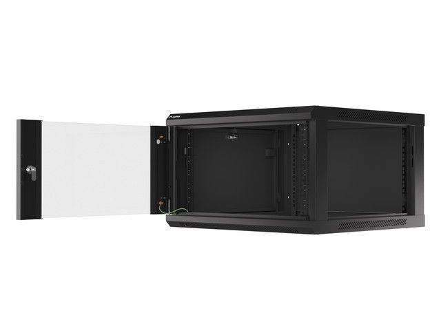 Lanberg WF01-6606-10B 19" 6U SZÉL:600mm MÉLY:600mm MAG:379mm lapraszerelt üvegajtós fekete fali rack szekrény