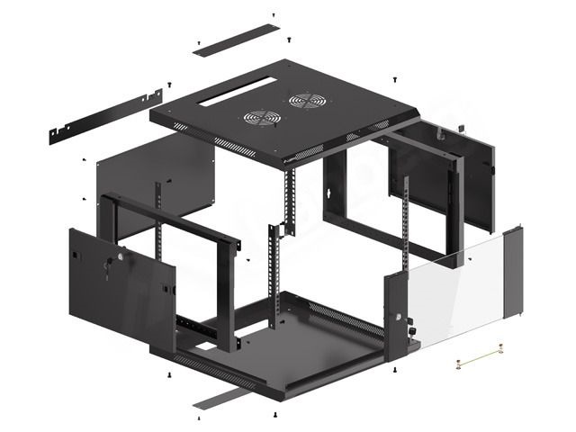 Lanberg WF01-6606-10B 19" 6U SZÉL:600mm MÉLY:600mm MAG:379mm lapraszerelt üvegajtós fekete fali rack szekrény
