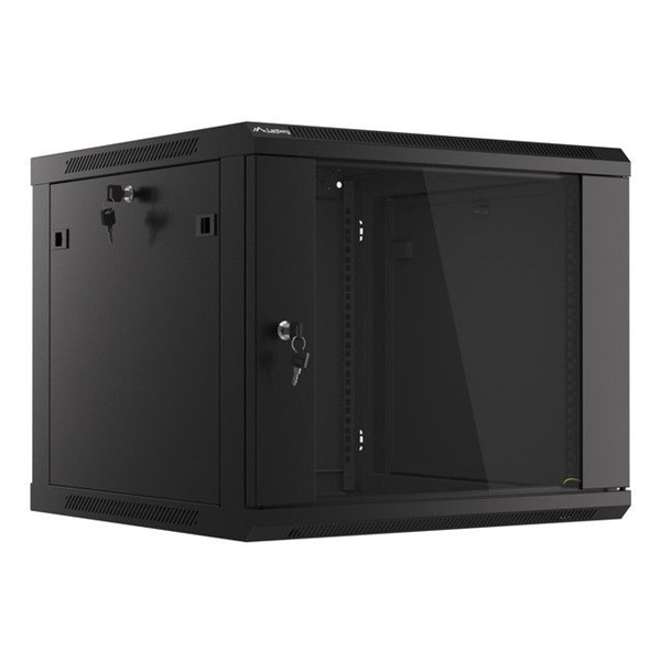 Lanberg WF01-6609-10B 19" 9U SZÉL:600mm MÉLY:600mm MAG:512mm lapraszerelt üvegajtós fekete fali rack szekrény