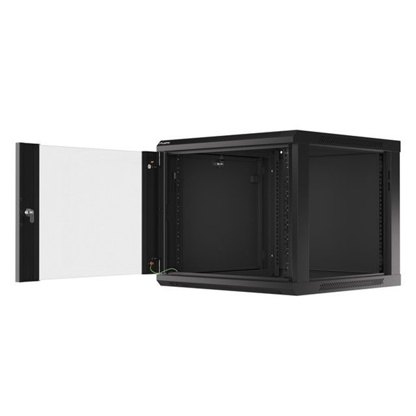 Lanberg WF01-6609-10B 19" 9U SZÉL:600mm MÉLY:600mm MAG:512mm lapraszerelt üvegajtós fekete fali rack szekrény