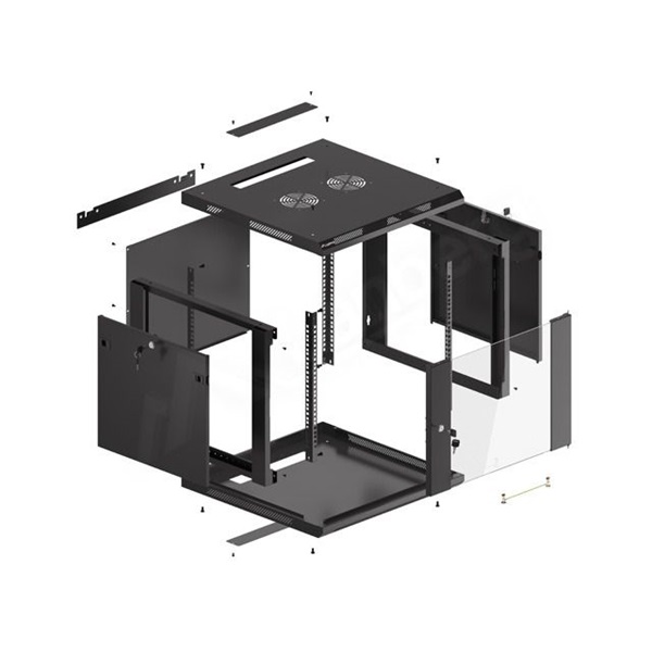 Lanberg WF01-6609-10B 19" 9U SZÉL:600mm MÉLY:600mm MAG:512mm lapraszerelt üvegajtós fekete fali rack szekrény