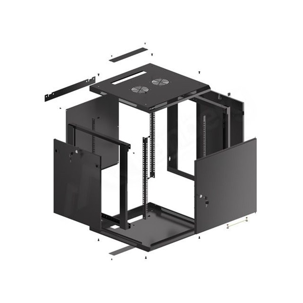Lanberg WF01-6612-00B 19" 12U SZÉL:600mm MÉLY:600mm MAG:645mm lapraszerelt fémajtós fekete fali rack szekrény