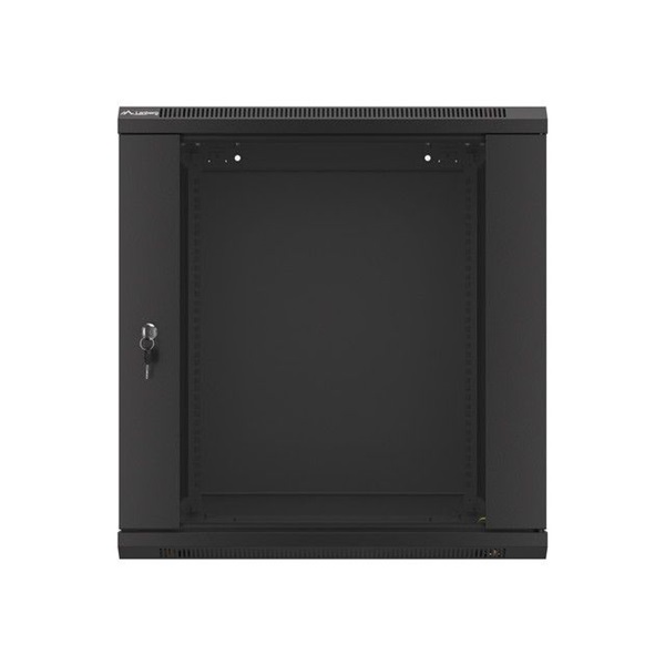 Lanberg WF01-6612-10B 19" 12U SZÉL:600mm MÉLY:600mm MAG:640mm lapraszerelt üvegajtós fekete fali rack szekrény