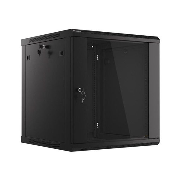 Lanberg WF01-6612-10B 19" 12U SZÉL:600mm MÉLY:600mm MAG:640mm lapraszerelt üvegajtós fekete fali rack szekrény