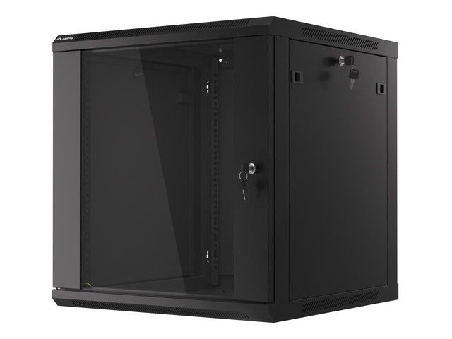 Lanberg WF01-6612-10B 19" 12U SZÉL:600mm MÉLY:600mm MAG:640mm lapraszerelt üvegajtós fekete fali rack szekrény