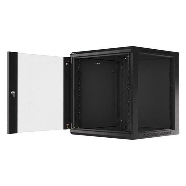 Lanberg WF01-6612-10B 19" 12U SZÉL:600mm MÉLY:600mm MAG:640mm lapraszerelt üvegajtós fekete fali rack szekrény