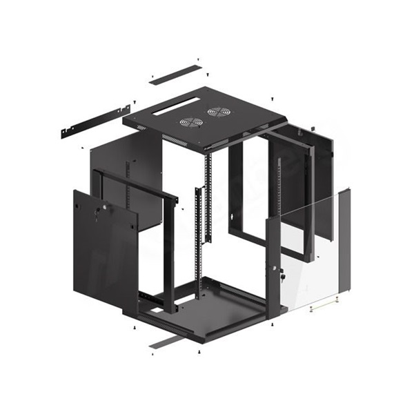Lanberg WF01-6612-10B 19" 12U SZÉL:600mm MÉLY:600mm MAG:640mm lapraszerelt üvegajtós fekete fali rack szekrény