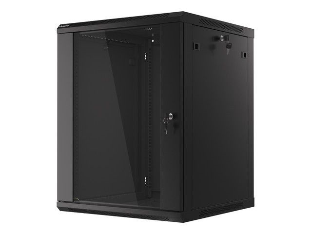 Lanberg WF01-6615-10B 19" 15U SZÉL:600mm MÉLY:600mm MAG:774mm lapraszerelt üvegajtós fekete fali rack szekrény