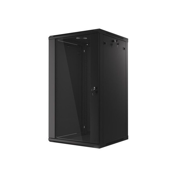 Lanberg WF01-6622-10B 19" 22U SZÉL:600mm MÉLY:600mm MAG:1085mm lapraszerelt üvegajtós fekete fali rack szekrény