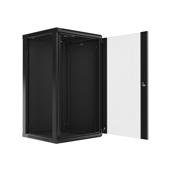 Lanberg WF01-6622-10B 19" 22U SZÉL:600mm MÉLY:600mm MAG:1085mm lapraszerelt üvegajtós fekete fali rack szekrény