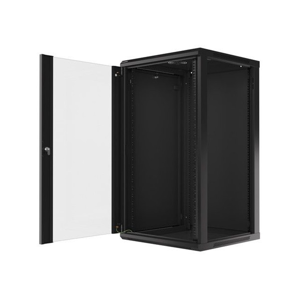 Lanberg WF01-6622-10B 19" 22U SZÉL:600mm MÉLY:600mm MAG:1085mm lapraszerelt üvegajtós fekete fali rack szekrény