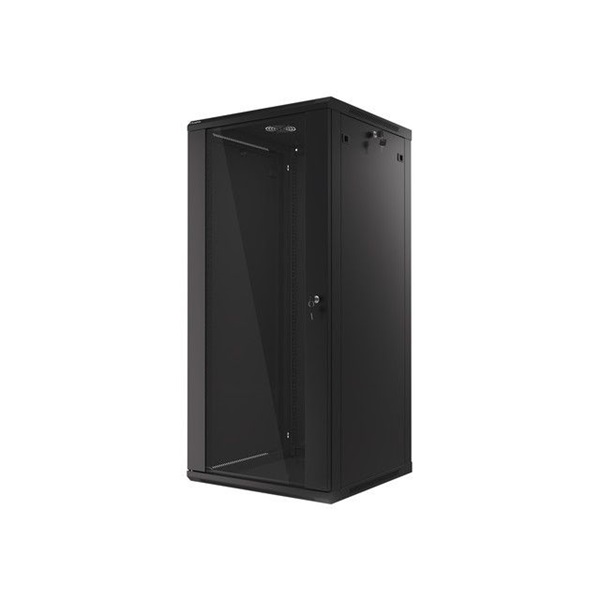Lanberg WF01-6627-10B 19" 27U SZÉL:600mm MÉLY:600mm MAG:1307mm lapraszerelt üvegajtós fekete fali rack szekrény