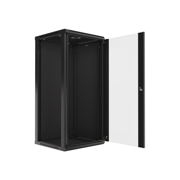 Lanberg WF01-6627-10B 19" 27U SZÉL:600mm MÉLY:600mm MAG:1307mm lapraszerelt üvegajtós fekete fali rack szekrény