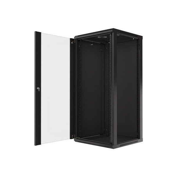 Lanberg WF01-6627-10B 19" 27U SZÉL:600mm MÉLY:600mm MAG:1307mm lapraszerelt üvegajtós fekete fali rack szekrény