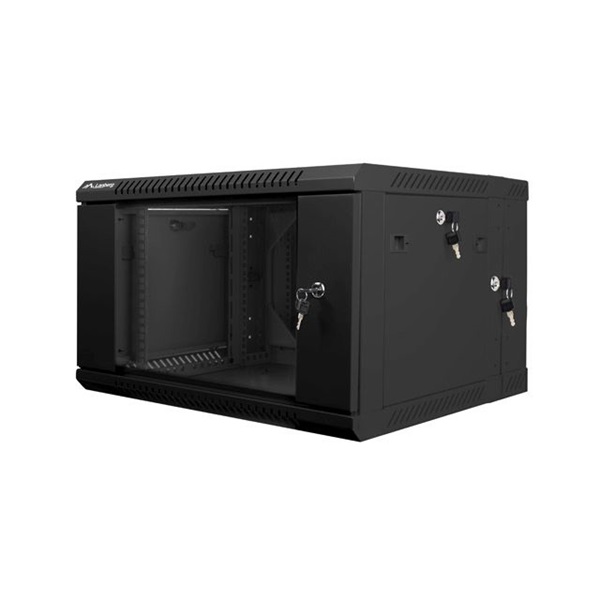 Lanberg WF02-6606-10B 19" 6U SZÉL:600mm MÉLY:600mm MAG:374mm lapraszerelt üvegajtós fekete kétrészes fali rack szekrény