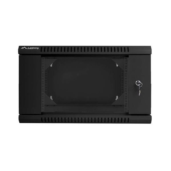 Lanberg WF02-6606-10B 19" 6U SZÉL:600mm MÉLY:600mm MAG:374mm lapraszerelt üvegajtós fekete kétrészes fali rack szekrény