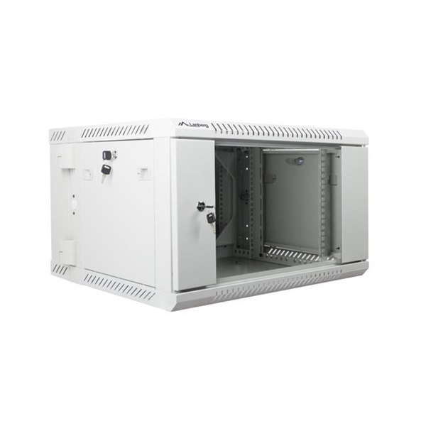 Lanberg WF02-6606-10S 19" 6U SZÉL:600mm MÉLY:600mm MAG:374mm lapraszerelt üvegajtós szürke kétrészes fali rack szekrény