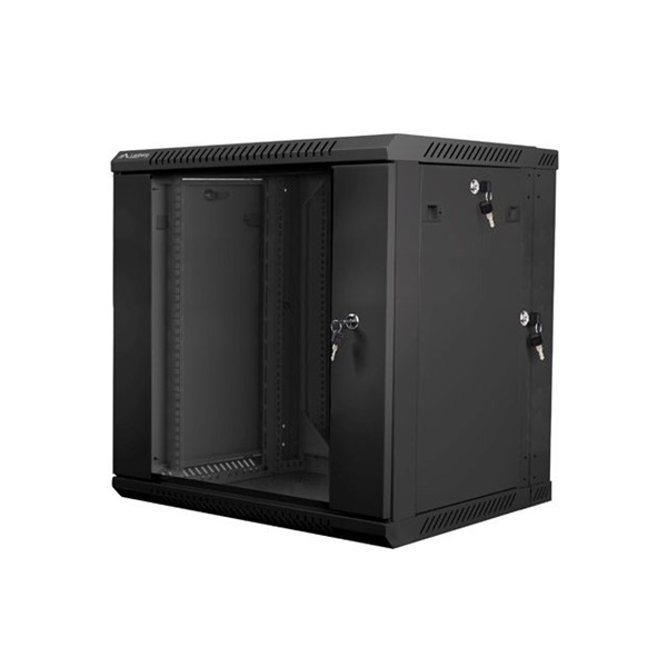 Lanberg WF02-6612-10B 19" 12U SZÉL:600mm MÉLY:600mm MAG:640mm lapraszerelt üvegajtós fekete kétrészes fali rack szekrény