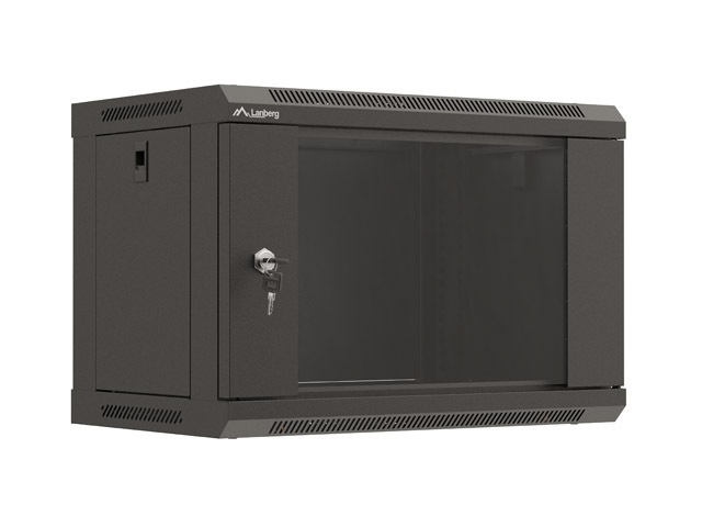 Lanberg WF03-5306-10B 19" 6U SZÉL:540mm MÉLY:350mm MAG:370mm lapraszerelt üvegajtós fekete fali rack szekrény
