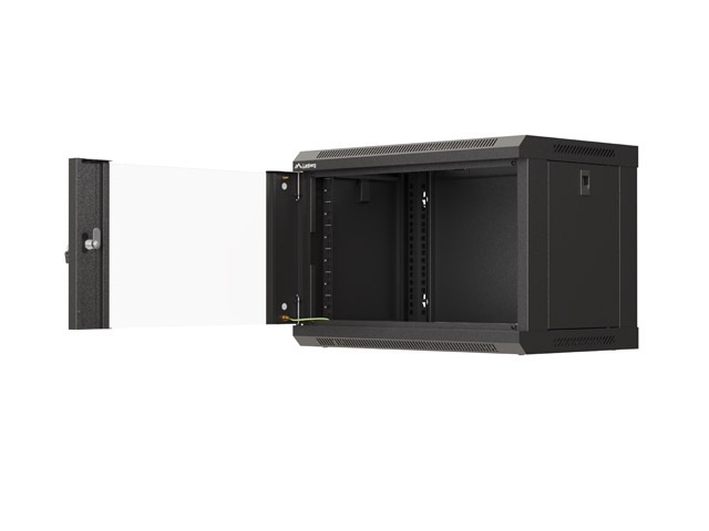 Lanberg WF03-5306-10B 19" 6U SZÉL:540mm MÉLY:350mm MAG:370mm lapraszerelt üvegajtós fekete fali rack szekrény