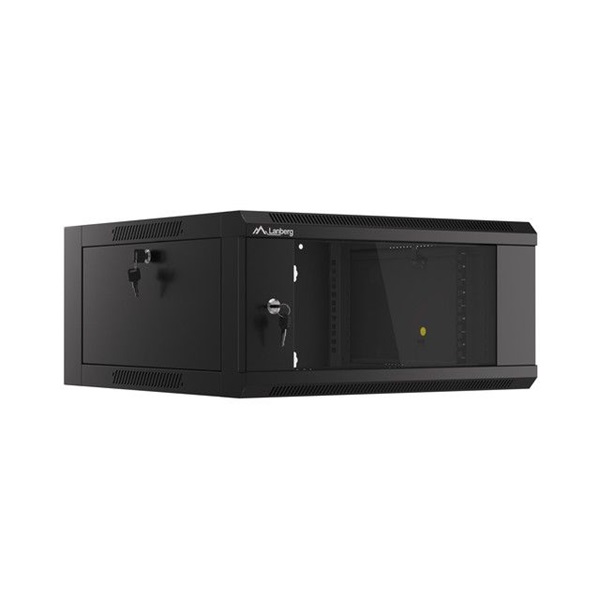 Lanberg WFFA-5604-10B 19" 4U SZÉL:570mm MÉLY:600mm MAG:277mm lapraszerelt üvegajtós fekete fali rack szekrény
