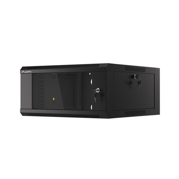 Lanberg WFFA-5604-10B 19" 4U SZÉL:570mm MÉLY:600mm MAG:277mm lapraszerelt üvegajtós fekete fali rack szekrény