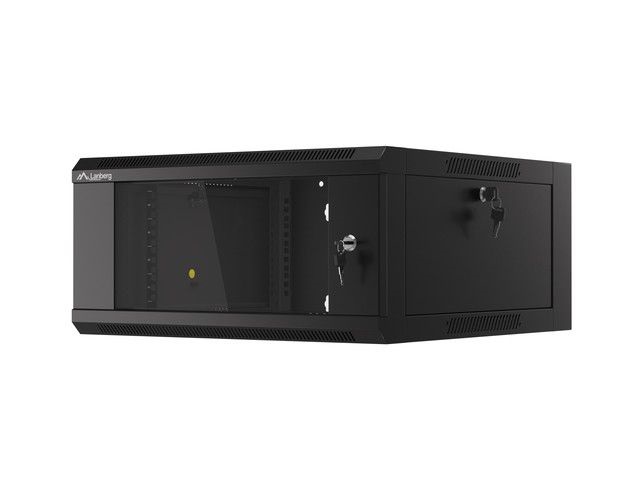 Lanberg WFFA-5604-10B 19" 4U SZÉL:570mm MÉLY:600mm MAG:277mm lapraszerelt üvegajtós fekete fali rack szekrény