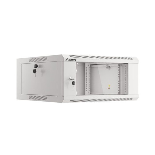 Lanberg WFFA-5604-10S 19" 4U SZÉL:570mm MÉLY:600mm MAG:277mm lapraszerelt üvegajtós szürke fali rack szekrény