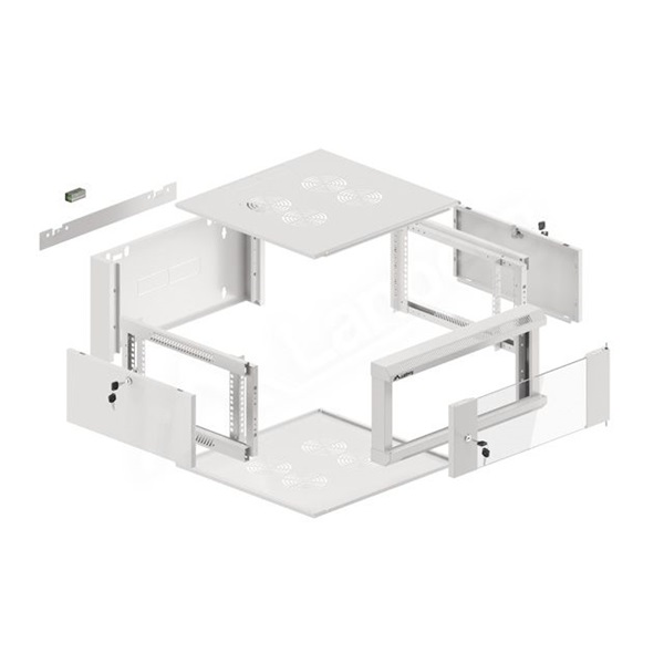 Lanberg WFFA-5604-10S 19" 4U SZÉL:570mm MÉLY:600mm MAG:277mm lapraszerelt üvegajtós szürke fali rack szekrény