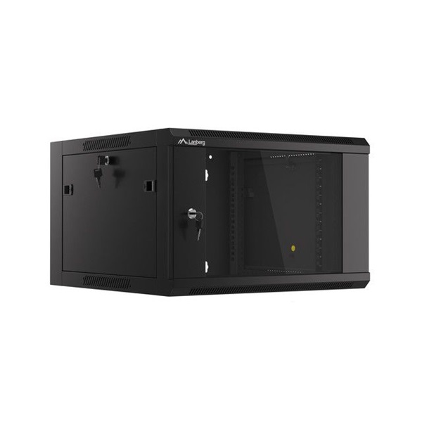 Lanberg WFFA-5606-10B 19" 6U SZÉL:570mm MÉLY:600mm MAG:370mm lapraszerelt üvegajtós fekete fali rack szekrény