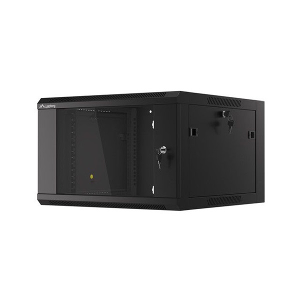 Lanberg WFFA-5606-10B 19" 6U SZÉL:570mm MÉLY:600mm MAG:370mm lapraszerelt üvegajtós fekete fali rack szekrény