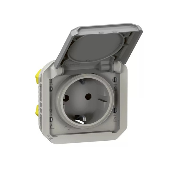 Legrand 069570L Plexo 55 2P+F csatlakozóaljzat mechanizmus csapófedéllel, rugós vezetékbekötéssel, szürke