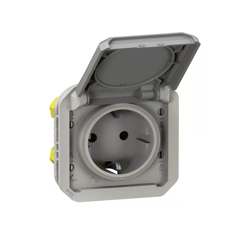 Legrand 069570L Plexo 55 2P+F csatlakozóaljzat mechanizmus csapófedéllel, rugós vezetékbekötéssel, szürke
