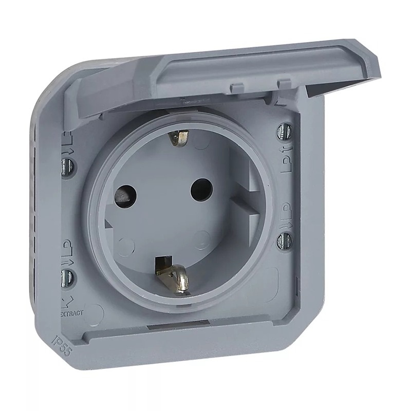 Legrand 069571L Plexo 55 2P+F csatlakozóaljzat mechanizmus csapófedéllel, csavaros vezetékbekötés, szürke