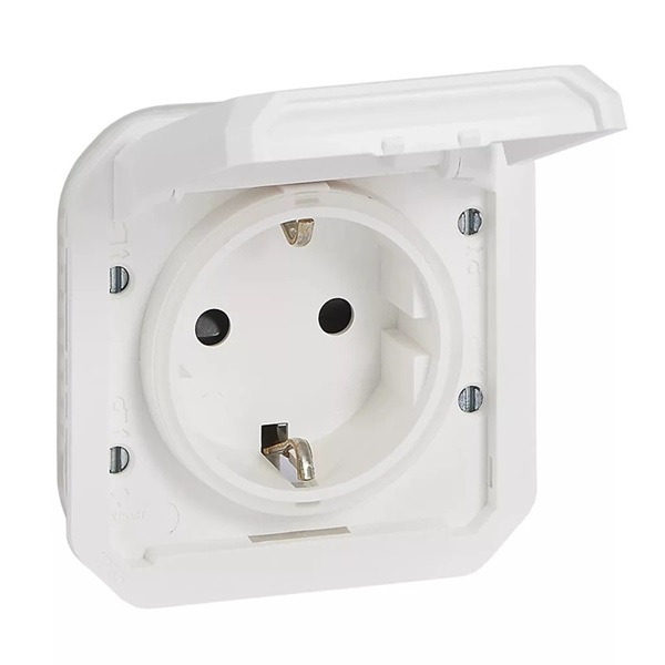 Legrand 069639L Plexo 55 2P+F csatlakozóaljzat mechanizmus csapófedéllel, csavaros vezetékbekötéssel, fehér