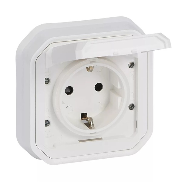 Legrand 069869L Plexo 55 süllyesztett 2P+F csatlakozóaljzat csapófedéllel,összeszerelt,csavaros vezetékbekötéssel,fehér