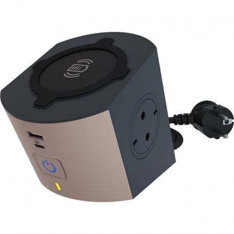 Legrand 694500 2m vezetékkel multifunkciós szürke-barna 2x2P+F, indukciós töltővel, USB-A + USB-C elosztó