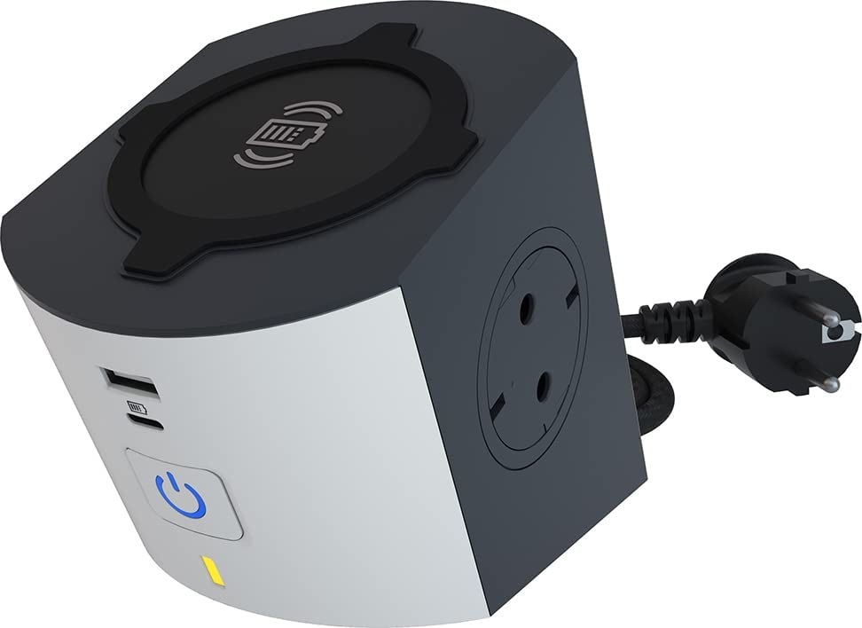 Legrand 694506 2m vezetékkel multifunkciós szürke-fehér 2x2P+F, indukciós töltővel, USB-A + USB-C elosztó