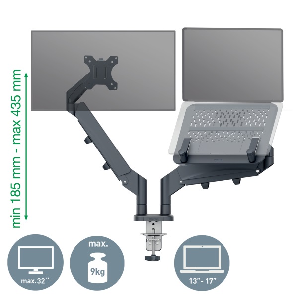 Leitz Ergo Dual sötétszürke helytakarékos monitor- és laptopkar