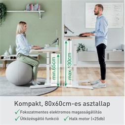Leitz Ergo kisméretű fehér felállásra emlékeztetővel ellátott elektromos ülő-álló asztal