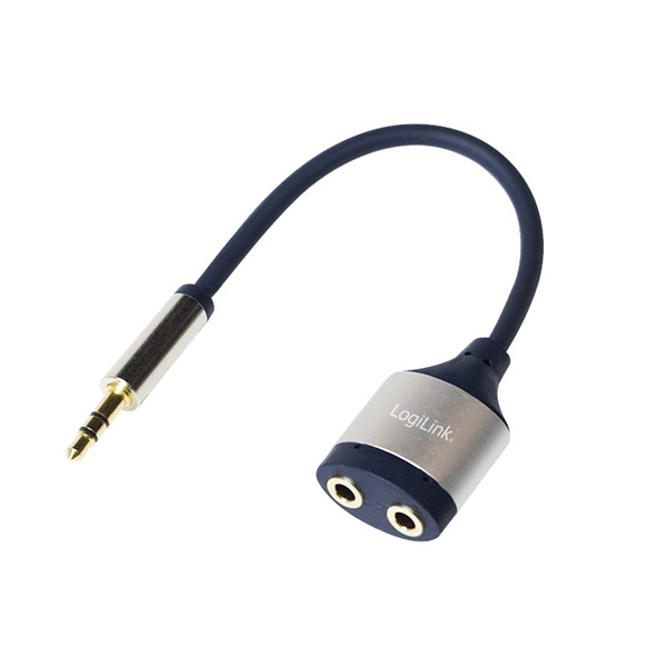 Logilink CA1100 Audiokábel, 3,5 mm-es 3-Pin/M - 2x3,5 mm/F, fém, fekete/kék, 0,18 m