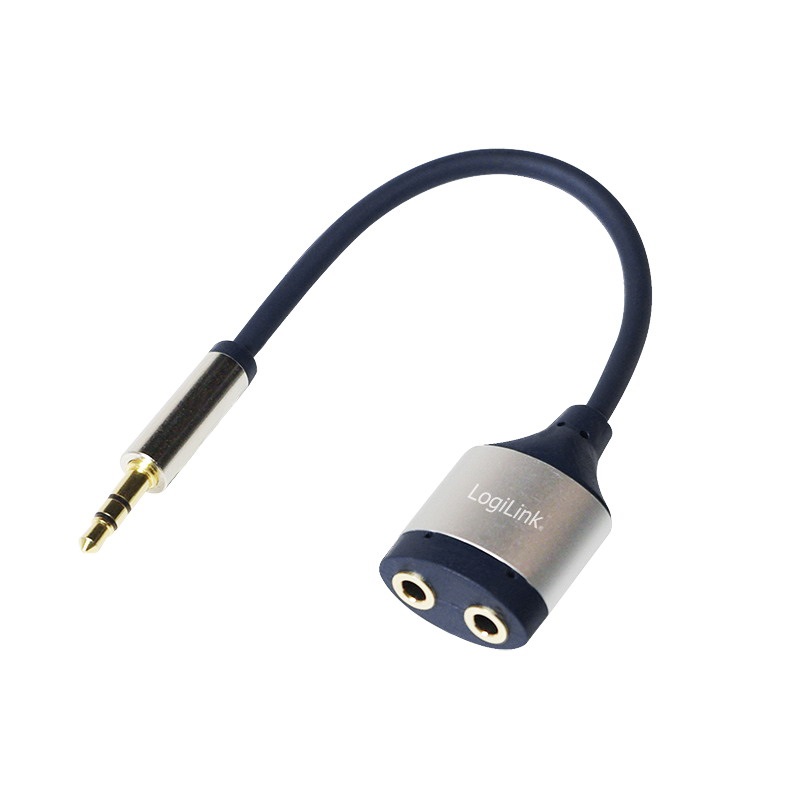 Logilink CA1100 Audiokábel, 3,5 mm-es 3-Pin/M - 2x3,5 mm/F, fém, fekete/kék, 0,18 m