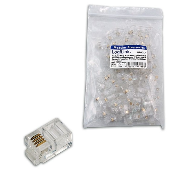 Logilink MP0017 RJ10 moduláris csatlakozó, 4P4C, árnyékolatlan, 100 db